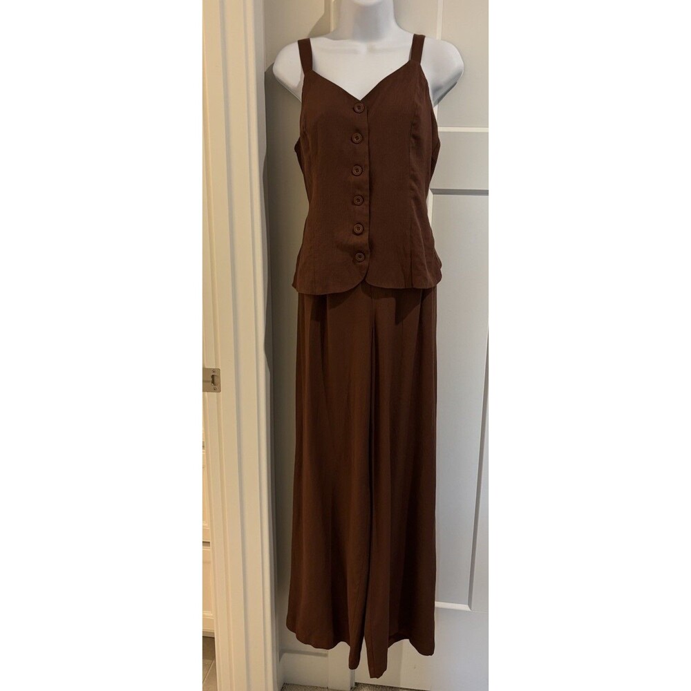 GLG 2 Piece Set Brown Good Luck Gem Top & Wide Leg Pant Women’s Small Button Up